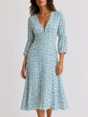 Faithfull The Brand Maud Floral Midi Dress Blue White Crinkle Tie Back Size 4